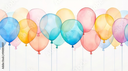 Colorful balloons in various shades floating against a soft light background.