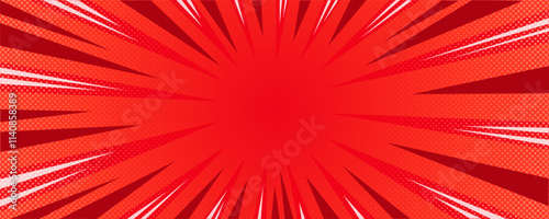 Sun rays red background, starburst anime pop art cartoon or comic, dotted texture and explosion effect or sunburst, halftone gradient, fun and exciting template frame.