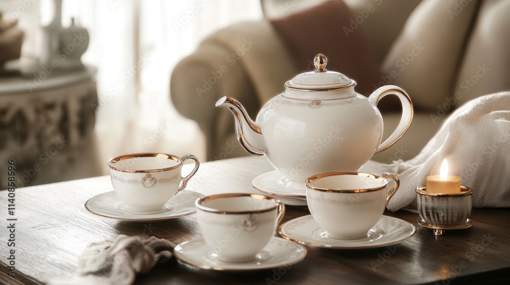 Elegant Tea Set on Wooden Table, Cozy Home Atmosphere Elegant Tea Set on Wooden Table, Cozy Home Atmosphere
