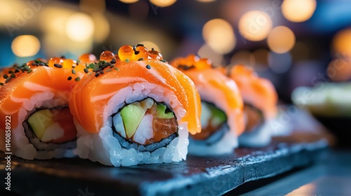 close up sushi roll with salmon and salmon roe red caviar  photo