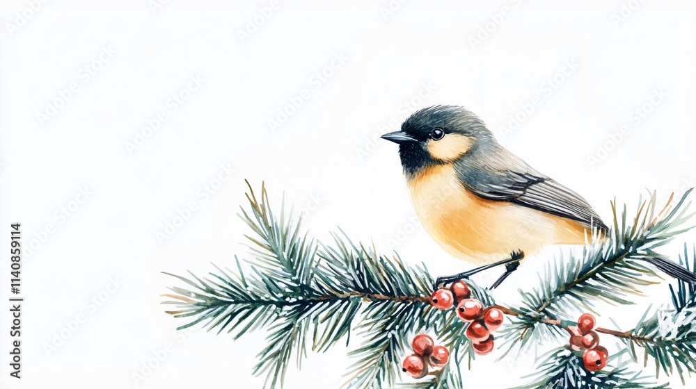 Obraz premium Watercolor Bird on Pine Branch with Berries