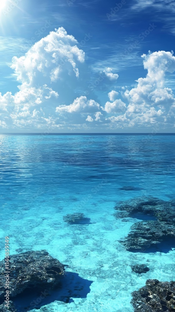 Obraz premium Sunlit Ocean, Clouds, and Underwater Rocks: A Tranquil Seascape