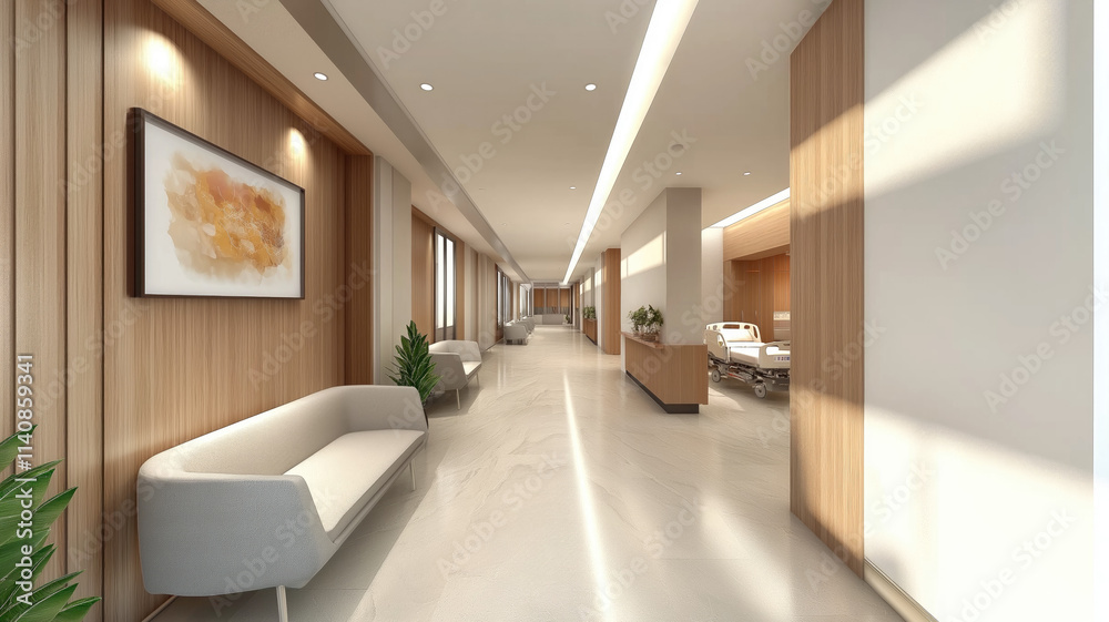 Empty corridor in modern hospital with waiting area and hospital bed in rooms.3d rendering Empty corridor in modern hospital with waiting area and hospital bed in rooms.3d rendering