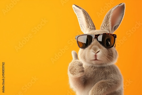 Funny easter animal pet - Easter bunny rabbit with sunglasses, giving thumb up, isolated on orange background  photo