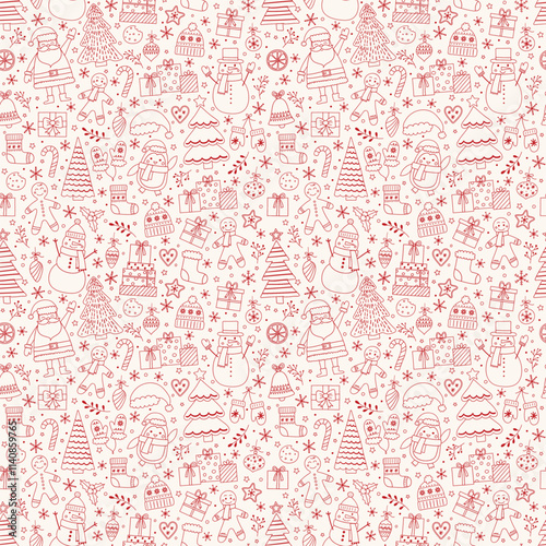 Christmas seamless texture with cute cartoon decorations. Vector illustration