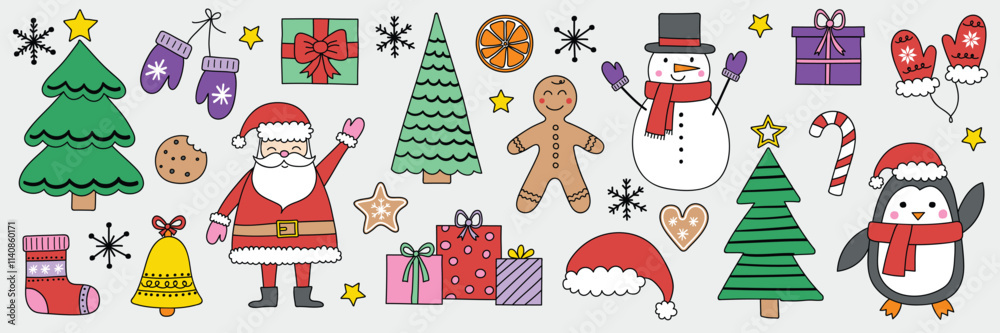 Set with hand drawn Christmas decorations. Collection with cute Santa Claus, snowman, cookie and tree. Vector illustration Set with hand drawn Christmas decorations. Collection with cute Santa Claus, snowman, cookie and tree. Vector illustration