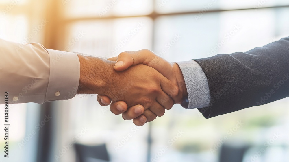 Two businessmen shaking hands in agreement after a successful negotiation. The setting features a bright and welcoming atmosphere with a modern office and a city skyline through large windows Two businessmen shaking hands in agreement after a successful negotiation. The setting features a bright and welcoming atmosphere with a modern office and a city skyline through large windows