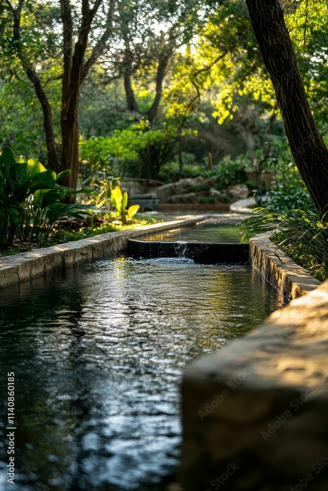 Serene water feature, stone channel, lush foliage. Serene water feature, stone channel, lush foliage.
