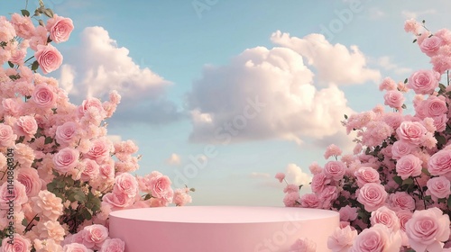 A dreamy pastel circular pink podium by blooming pink roses, a soft sky with fluffy clouds. a romantic surreal showcasing product. floral display, flowers around a stage, Valentine’s Day background