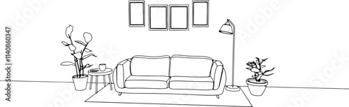 vector interior black lines sketch sofa with paintings