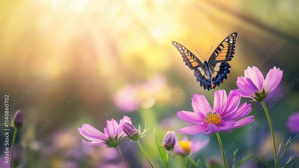 Field of colorful cosmos flower and butterfly in a meadow in nature in the rays of sunlight in summer in the spring close-up of a macro. A colorful artistic image with a soft focus, beautiful bokeh Field of colorful cosmos flower and butterfly in a meadow in nature in the rays of sunlight in summer in the spring close-up of a macro. A colorful artistic image with a soft focus, beautiful bokeh