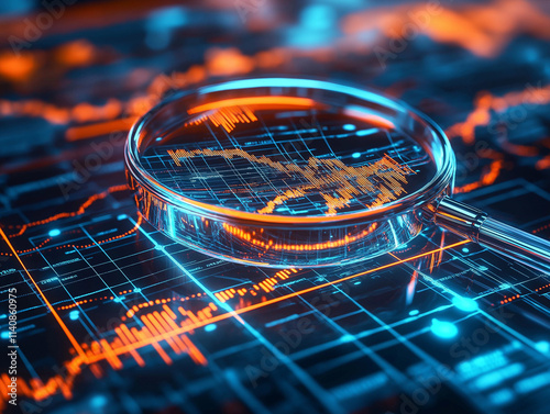Analysiere Daten mit Lupe über einem digitalen Finanzdiagramm

 photo