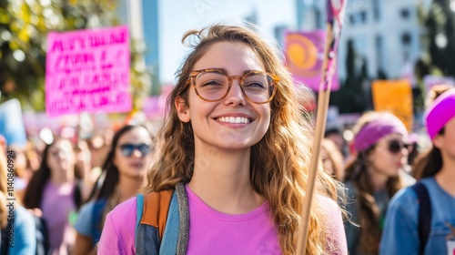 A smiling young woman participates in a vibrant feminist rally celebrating International Women's Day, surrounded by enthusiastic supporters holding colorful signs.