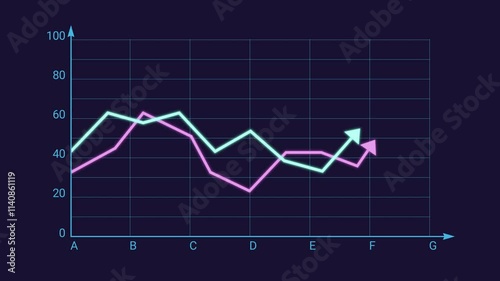 An animation of a glowing green and red stock market graph featuring an upward arrow.
