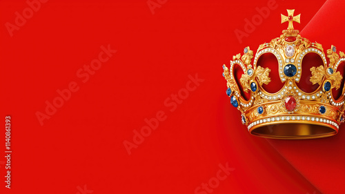 Illustration of Royal golden crown with jewels on golden pillow on red background. Symbols of UK United Kingdom monarchy. Copy space on the left side of the frame. Generative AI