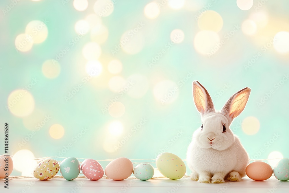 Happy Easter card with easter eggs garland and rabbit. Simple decoration. Happy Easter card with easter eggs garland and rabbit. Simple decoration.
