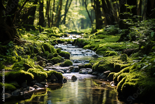 A vibrant color and welcoming image of a meandering brook flowing through a green forest, showcasing gentle rays of sunlight seeping through foliage and creating a mesmerizing display on stream's tran photo