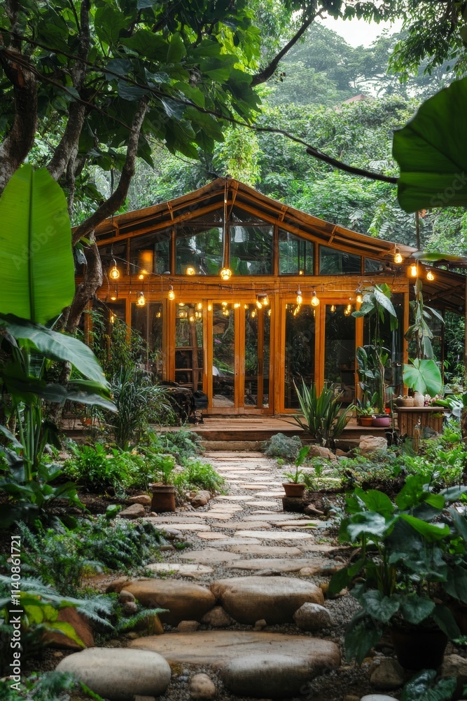 Obraz premium Luminous jungle structure, stone path, lush greenery.