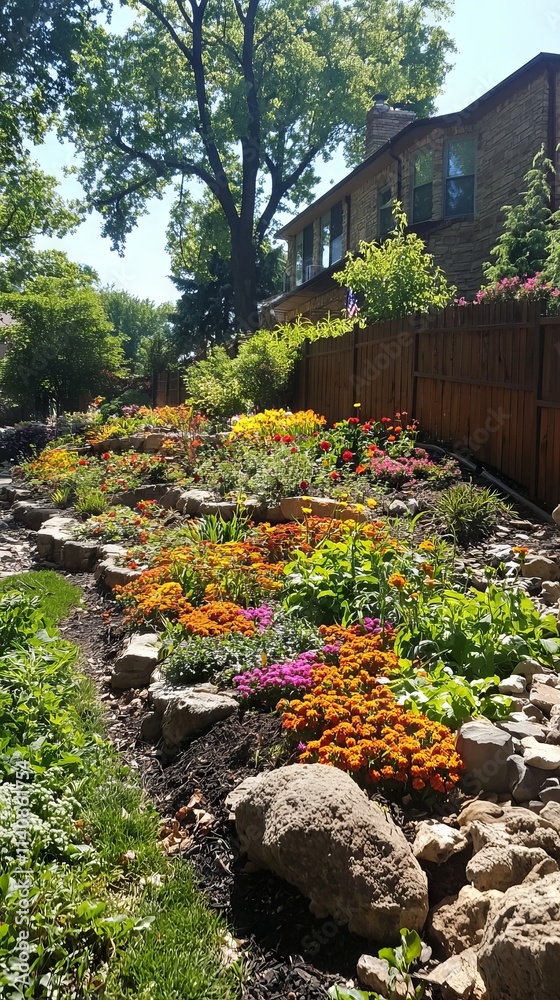 A vibrant garden filled with colorful flowers and greenery along a hillside. A vibrant garden filled with colorful flowers and greenery along a hillside.