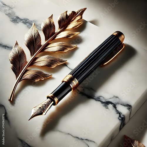 Sophisticated Gold and Black Fountain Pen with Decorative Gold Leaf on Marble