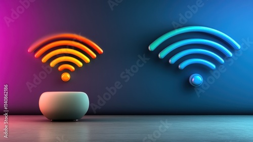 An aesthetic room scene featuring a contrasting pair of red and blue Wi-Fi signs above a white speaker, representing dual connectivity and tech lifestyle. photo