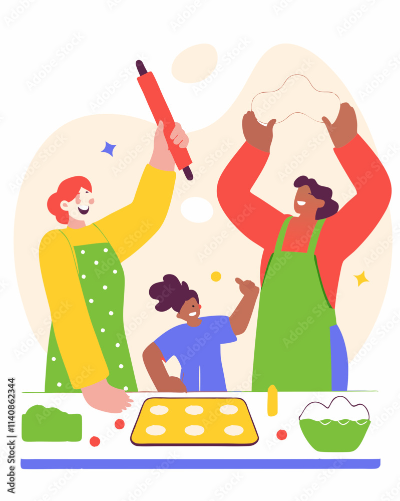 Fototapeta premium Family Bonding Over Baking Fun in a Colorful Kitchen Setting