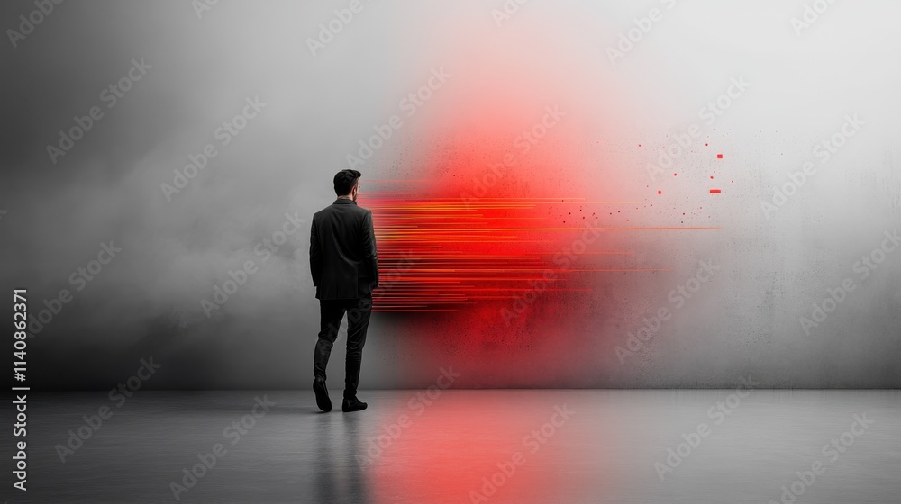 An abstract artistic scene illustrating a mysterious man standing before a striking, vivid burst of red smoke, representing enigmas, transformation, and introspection. An abstract artistic scene illustrating a mysterious man standing before a striking, vivid burst of red smoke, representing enigmas, transformation, and introspection.