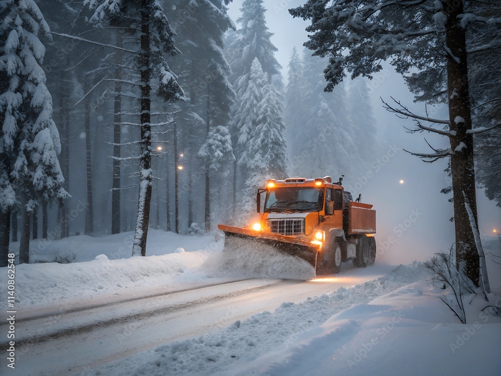A bright orange snow plow clearing roads in a dense forest during a snowstorm, tall snow-covered trees surrounding the vehicle, headlights glowing through the falling snow. A bright orange snow plow clearing roads in a dense forest during a snowstorm, tall snow-covered trees surrounding the vehicle, headlights glowing through the falling snow.