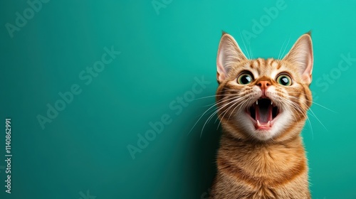 A ginger cat with wide, surprised eyes sits against a bright turquoise background, capturing a moment of playful curiosity and vibrant contrast in a modern setting. photo