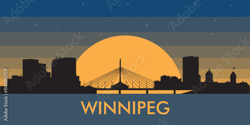 Black silhouette of the city of Winnipeg against the background of the night starry sky and a large yellow moon