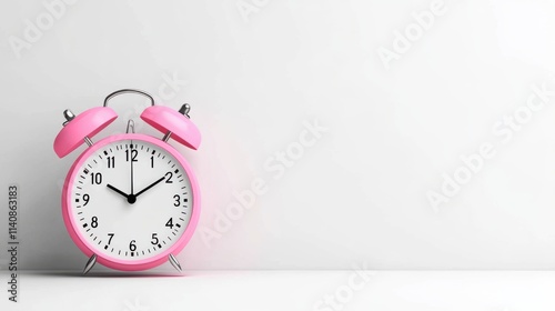 A charming pink alarm clock set against a plain backdrop, blending retro design with modern minimalist aesthetics, symbolizing time and simplicity, creativity. photo