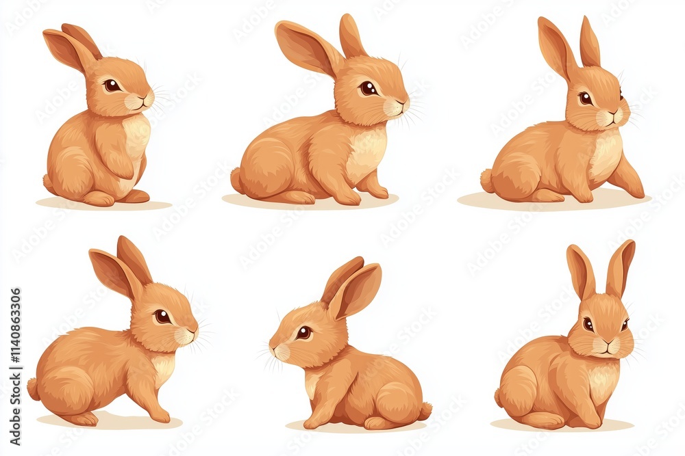 Rabbits collection. Vector illustration of cute cartoon brown bunny in different poses and actions: sitting, jumping laying. Isolated on white Rabbits collection. Vector illustration of cute cartoon brown bunny in different poses and actions: sitting, jumping laying. Isolated on white