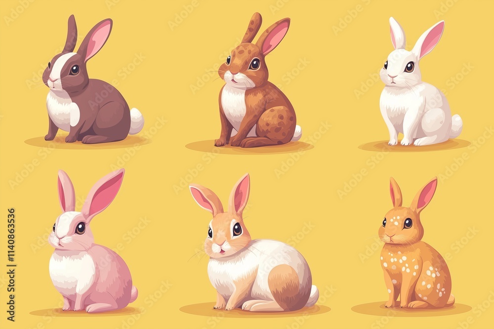 set of Easter rabbits, easter Bunny on yellow background. Vector illustration. set of Easter rabbits, easter Bunny on yellow background. Vector illustration.