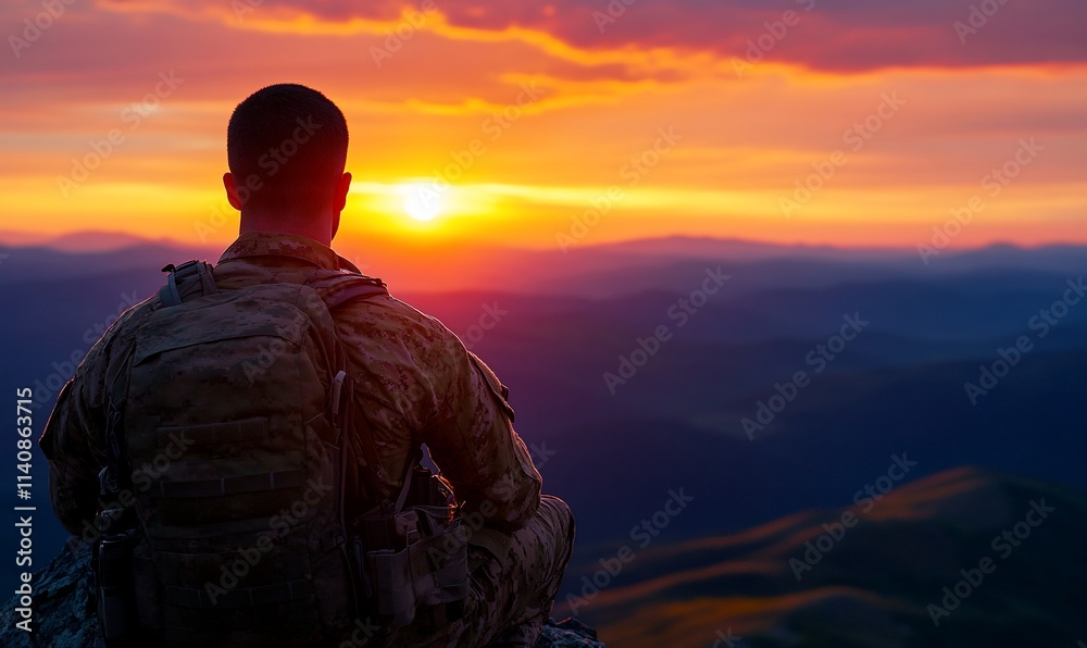 Silhouette of soldier watching sunset from mountaintop. Silhouette of soldier watching sunset from mountaintop.