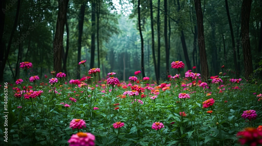Fuchsia zinnia flowers growing in a spring forest, natural seasonal background Fuchsia zinnia flowers growing in a spring forest, natural seasonal background