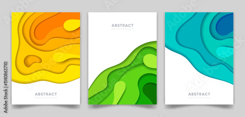 Paper cut banners set with 3D abstract background and wavy shapes. Colorful vector design layout for business presentations, flyers, posters, invitations, etc.