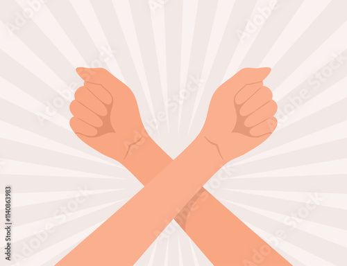Two crossed hands clenched into a fists on a beige background with radial rays, flat vector illustration
