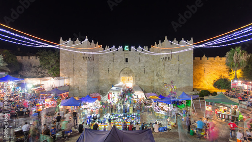 Damascus Gate or Shechem Gate night timelapse, one of the gates to the Old City of Jerusalem, Israel photo