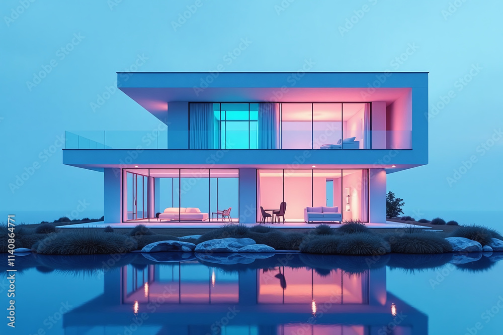 Fototapeta premium glass house blue background shows iridescent reflections modern architecture real estate