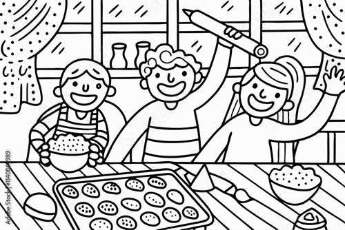 Happy Children Baking Cookies in a Cozy Kitchen Illustration