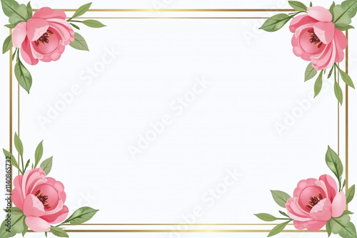 gold border surrounds white background large pink flowers pale green leafy decorations minimalist