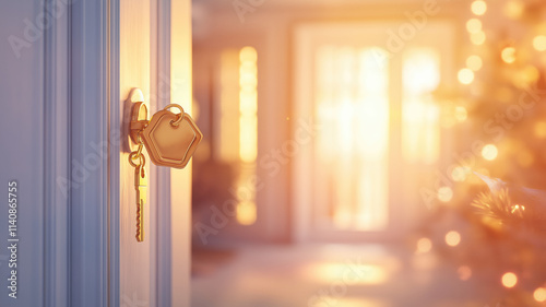 Opening door with golden house key chain on fuzzy interior background and mockup for your advertisement. Homebuying idea. Generative AI photo