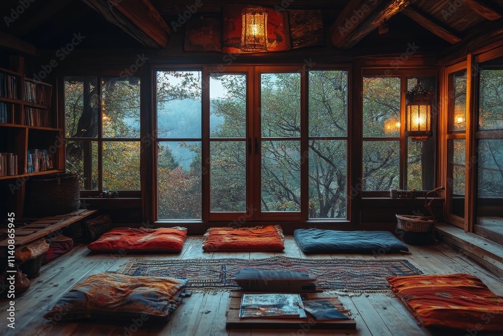 Cozy wooden room, forest view, floor pillows, books. Cozy wooden room, forest view, floor pillows, books.