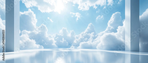 A dreamy architectural visualization with a reflective white floor merging into a bright blue sky filled with fluffy clouds. Generative AI.