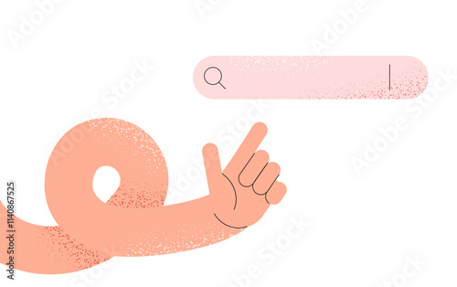 Textured human hand points with index finger to search bar. Technology concept. Flat vector illustration