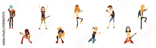 Funny Man Rock Musician Character Perform on Stage Vector Set