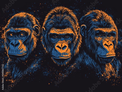 This striking illustration illustrates three gorilla faces in vibrant blue, black, and orange shades. The illustration captures their intensity and depth. photo