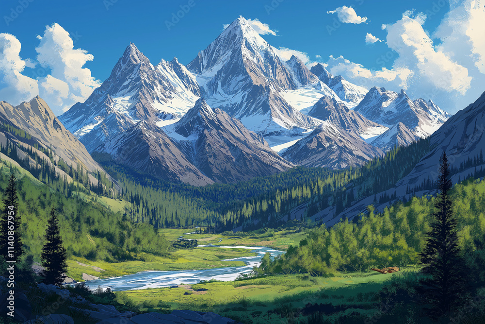 Majestätische Berglandschaft mit Fluss und bewaldeten Hängen
Majestätische Berglandschaft mit Fluss und bewaldeten Hängen