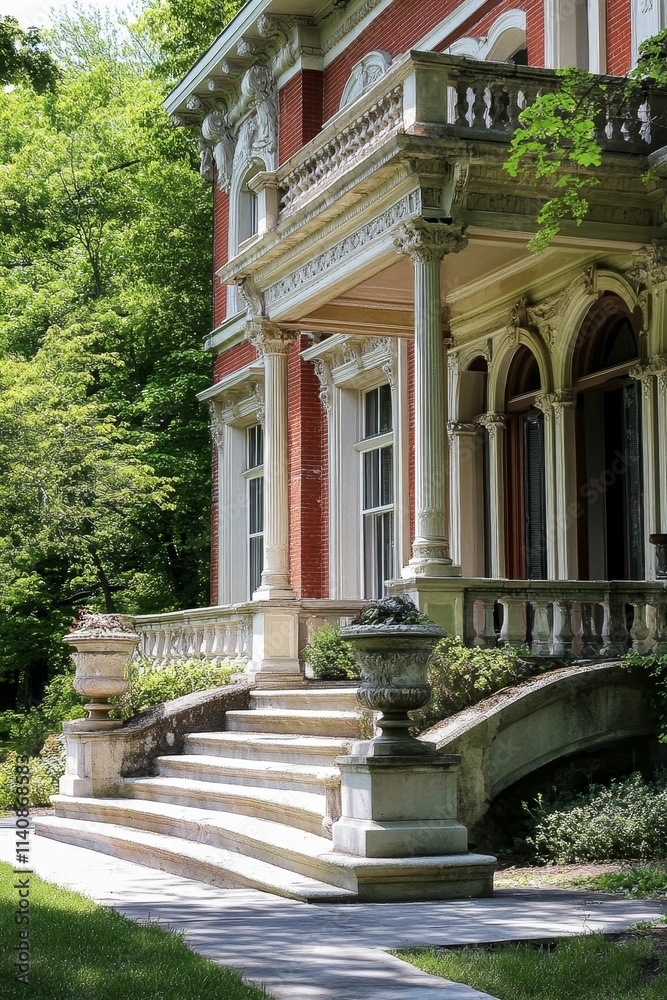 Grand brick mansion, ornate columns, stone steps, lush greenery. Grand brick mansion, ornate columns, stone steps, lush greenery.