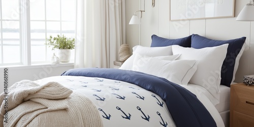 Crisp bedroom with nautical theme decor featuring anchor patterns on bedding and a scenic window view. photo